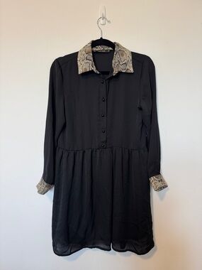 Zara Black Mini Dress with Snake-Print Collar and Cuffs